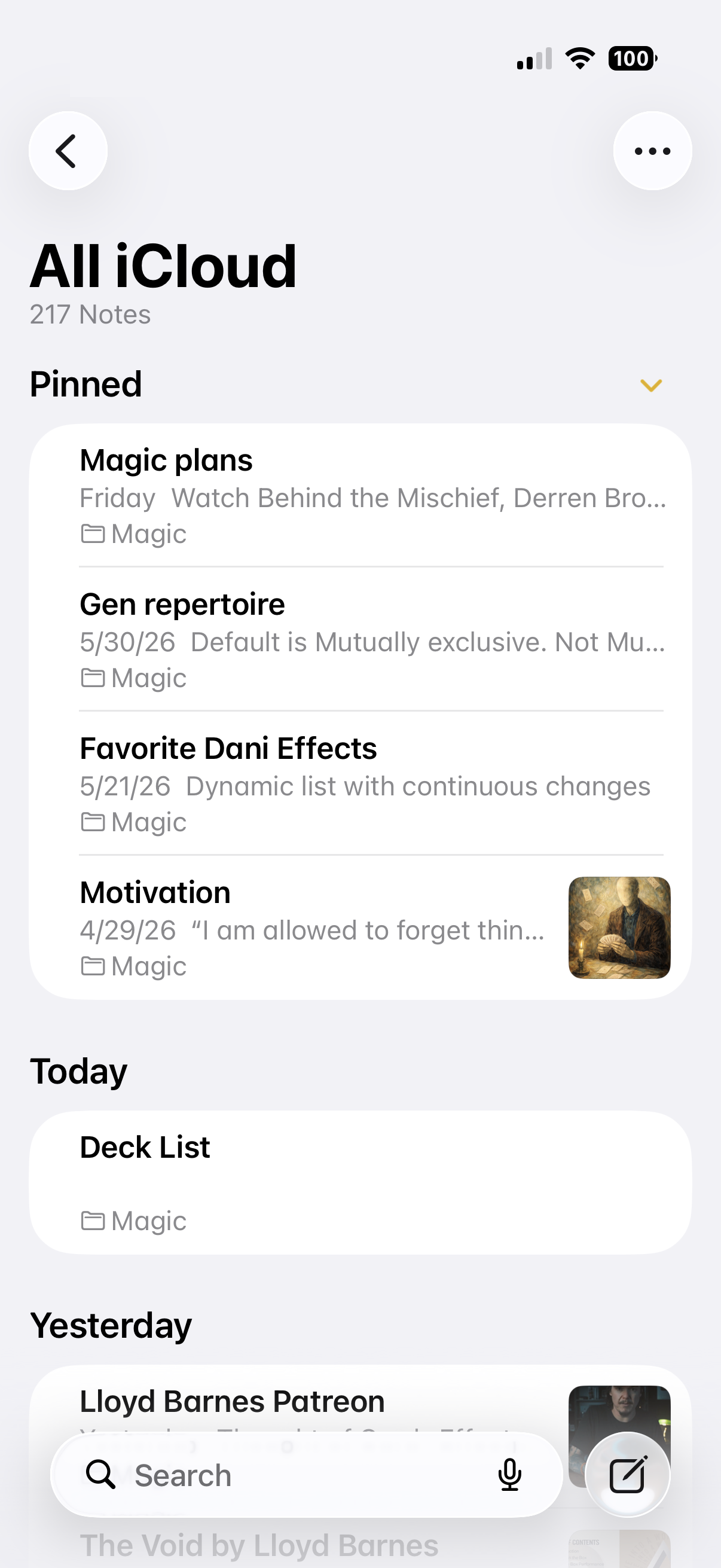 Notes list